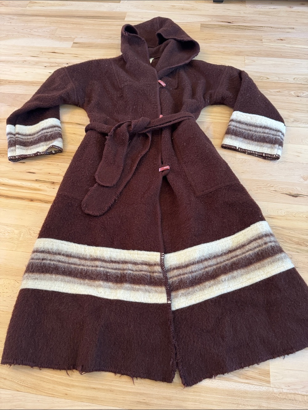 Vintage-100% Wool-Striped Cuff-Hem- brown hooded belted jacket coat-70s